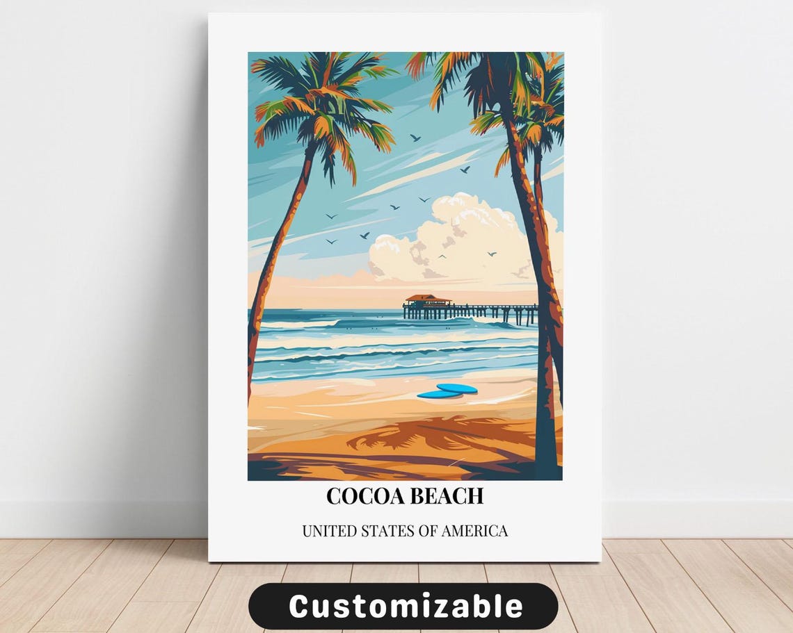 Cocoa Beach Florida Palm Trees Pier Vintage Travel Art Poster