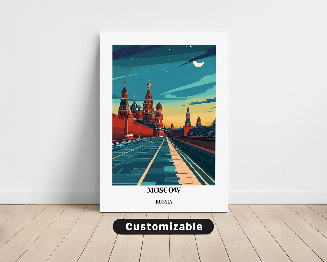 Moscow Russia Saint Basil Kremlin Night Cityscape Travel Poster