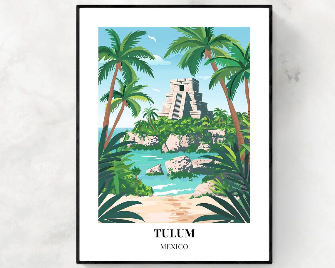 Tulum Mexico Mayan Pyramid Ruins Caribbean Beach Travel Poster