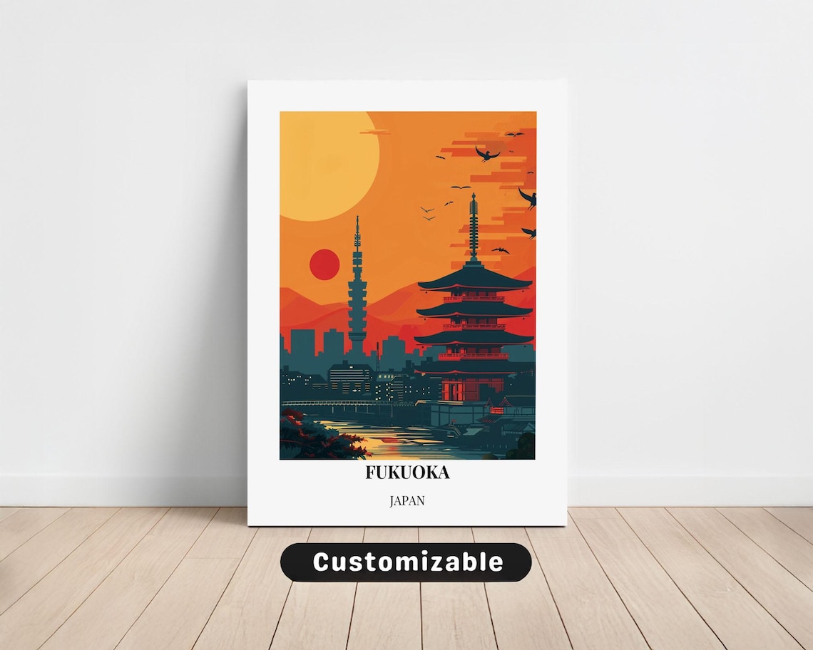 Fukuoka Japan Pagoda Burning Orange Sunset Retro Travel Art Poster