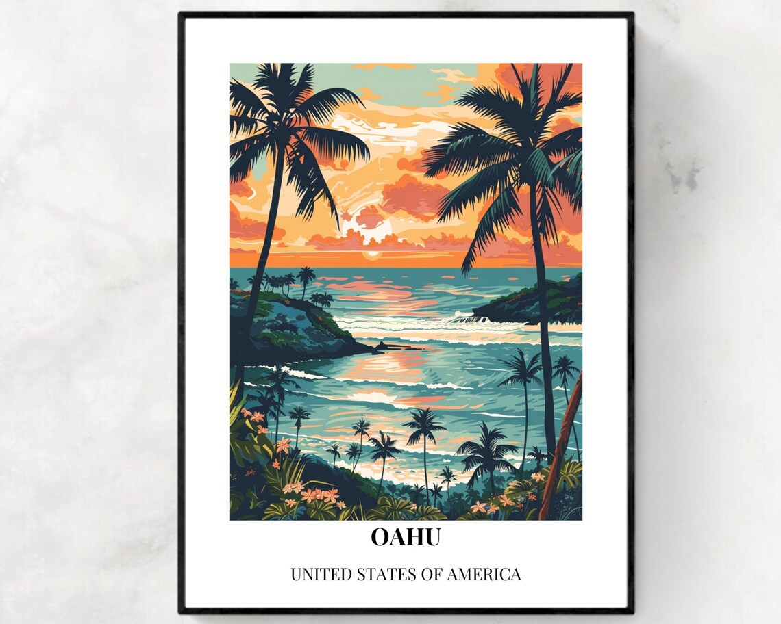 Oahu Hawaii Sunset Palms Ocean View Tropical Style Travel Poster