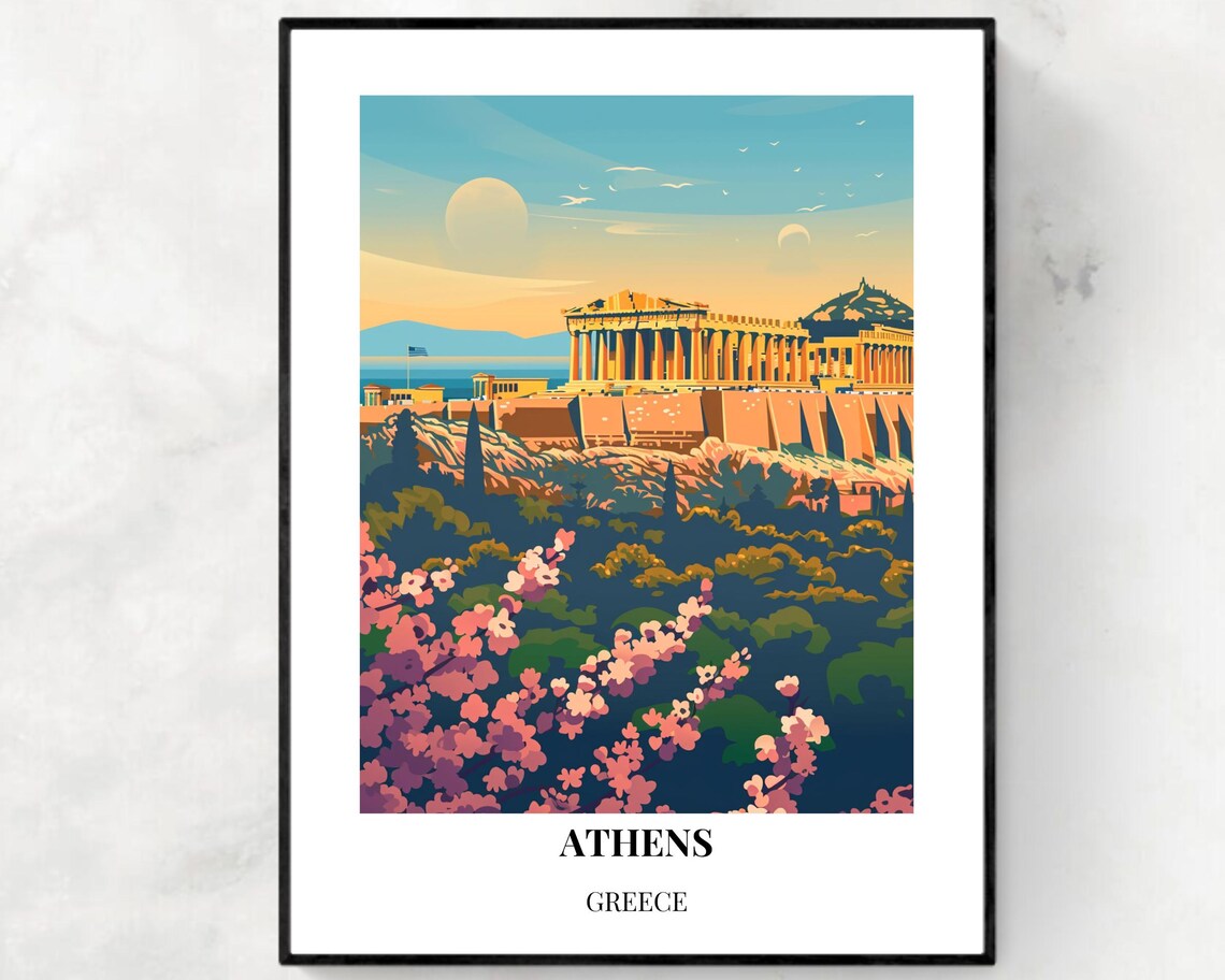 Athens Greece Acropolis Sunset Ancient Ruins Vintage Travel Poster