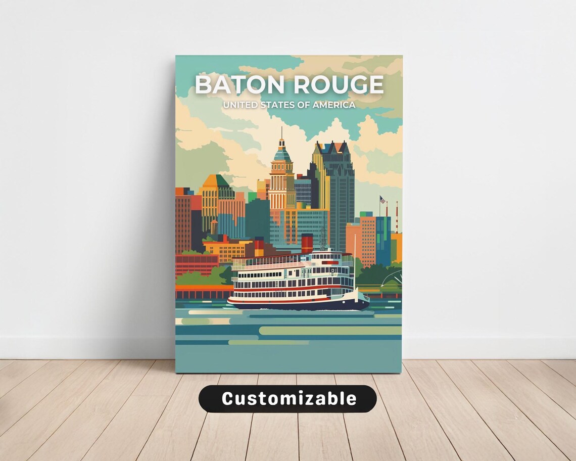 Baton Rouge Riverboat Skyline Vintage Style City Travel Poster
