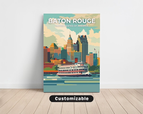Baton Rouge Riverboat Skyline Vintage Style City Travel Poster