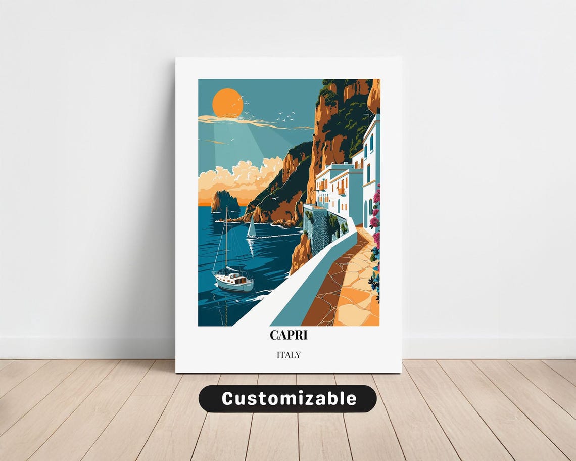 Capri Italy Cliffside Harbor Sailboat Vintage Style Travel Poster