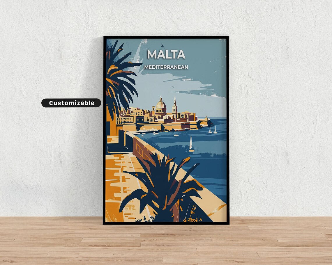 Malta Mediterranean Harbor Old Town Waterfront Vintage Travel Poster