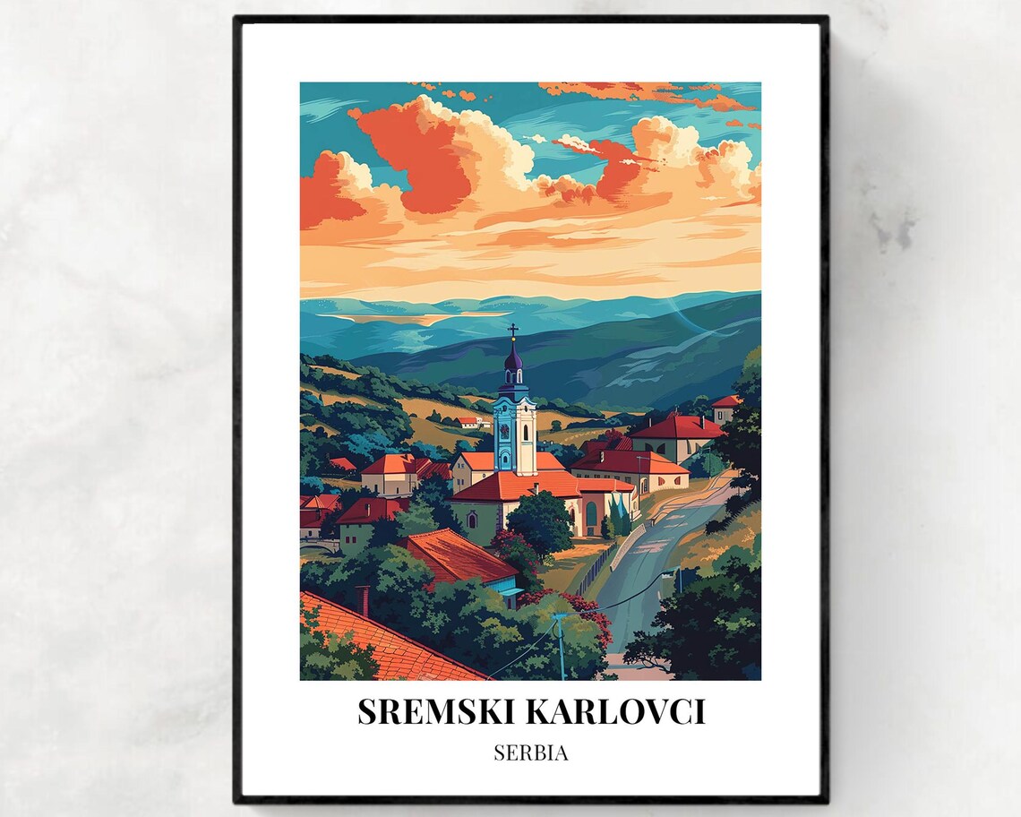 Sremski Karlovci Serbia Hill Town Church Orange Sky Travel Poster