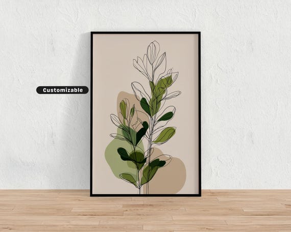 Monoline Plant Outline With Minimal Color Fill Botanical Wall Art Neutral Nature Print
