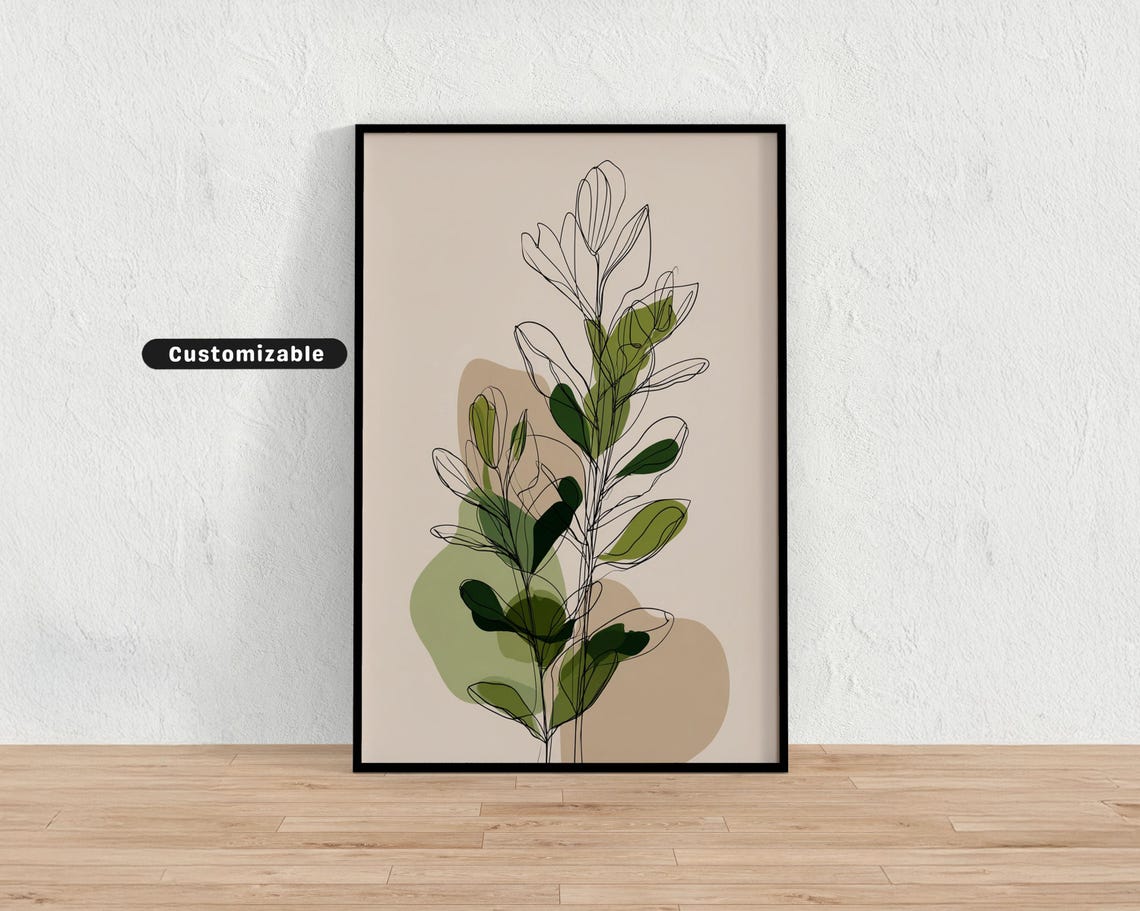 Monoline Plant Outline With Minimal Color Fill Botanical Wall Art Neutral Nature Print