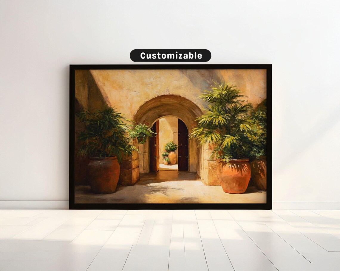 Sunlit Arched Doorway Potted Plants Mediterranean Courtyard Poster