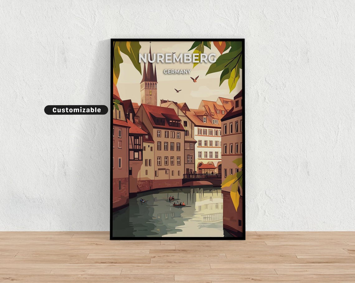 Nuremberg Germany River Travel Poster with Old Town Bridge and Towers