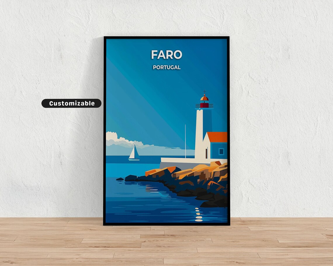 Faro Portugal Lighthouse Sailboat Rocky Coast Travel Art Poster