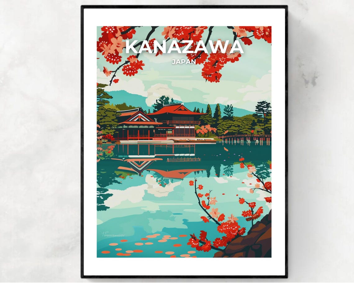 Kanazawa Japan Cherry Blossom Temple Lake Reflection Spring Poster