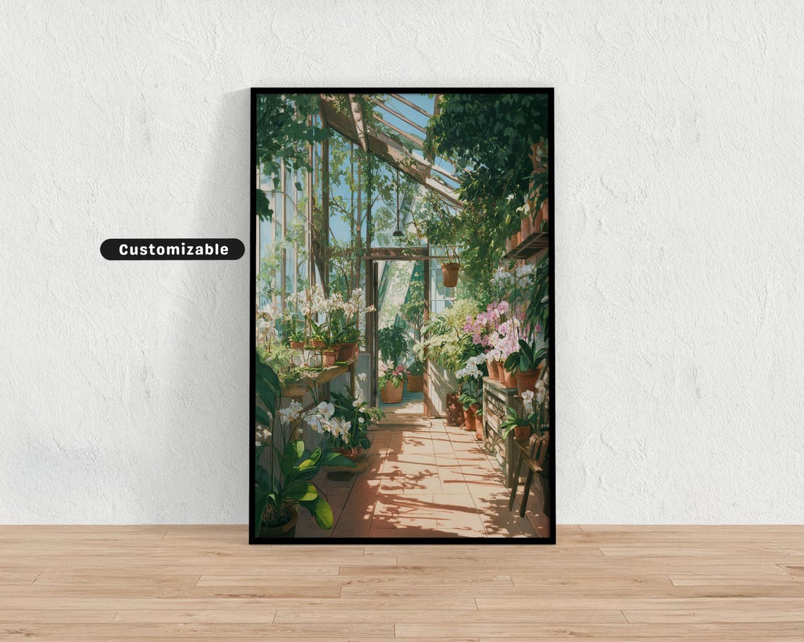 Sunlit Orchid Greenhouse Conservatory Lush Botanical Art Poster