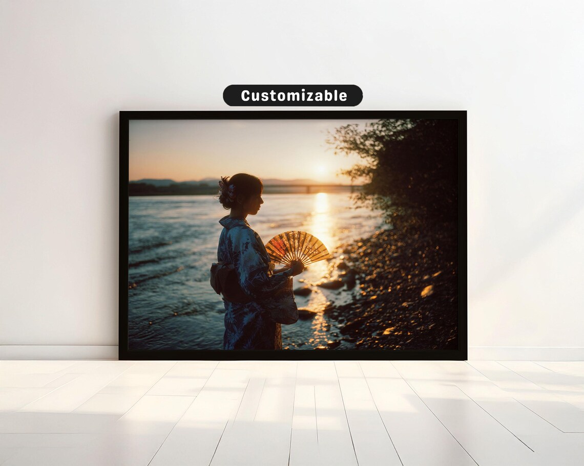 Woman in Yukata with Fan at Sunset by the River Japanese Poster