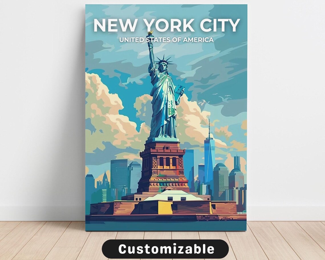New York City Statue of Liberty Skyline Vintage Travel Poster