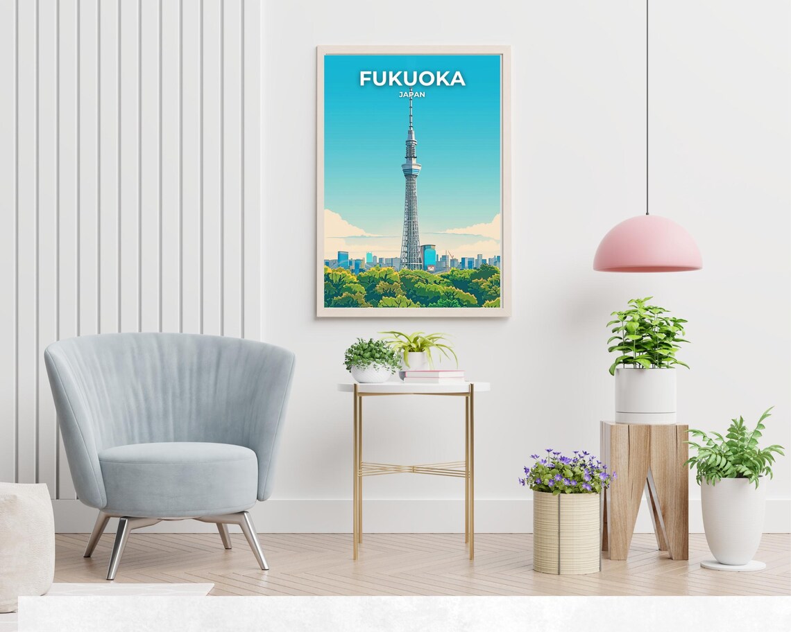 Fukuoka Japan Daytime Landmark Tower Poster in Bright Blue Sky - Image 2