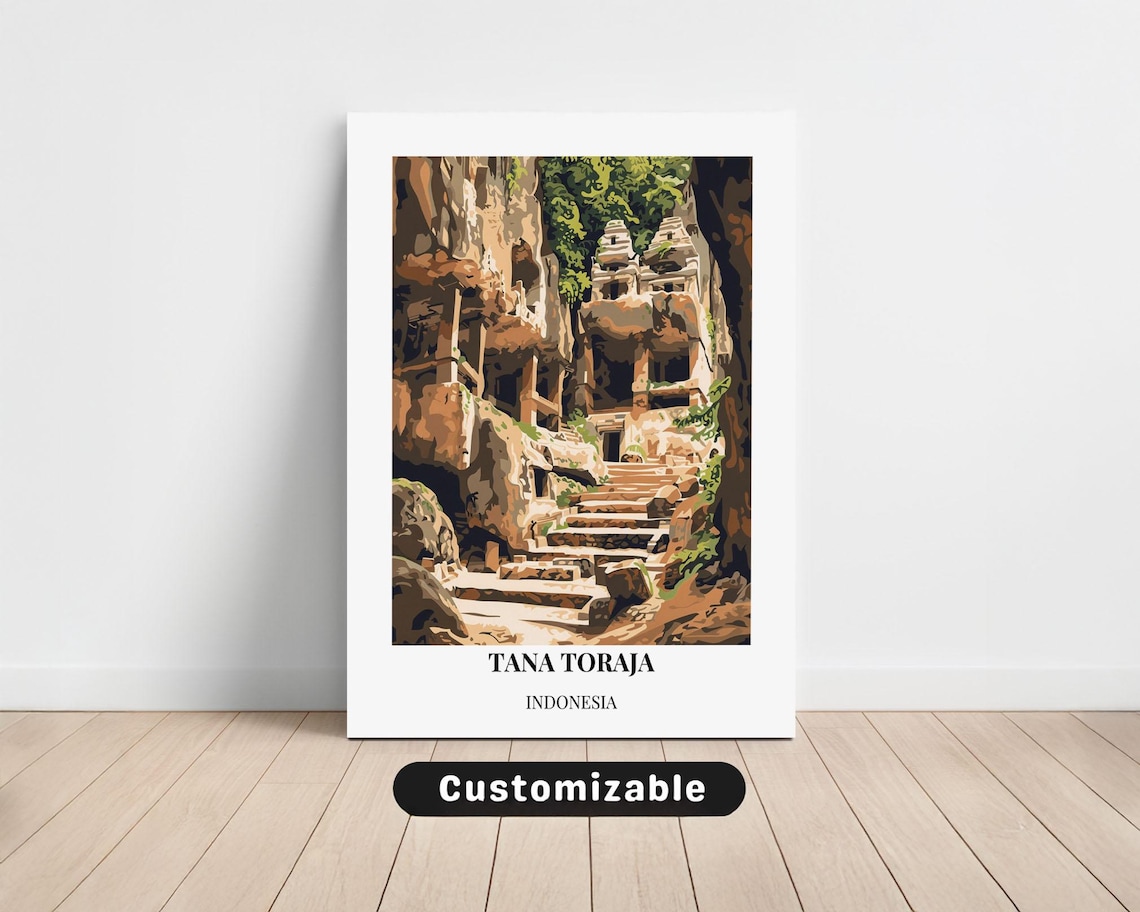 Tana Toraja Indonesia Stone Tombs Stairs Vintage Travel Poster