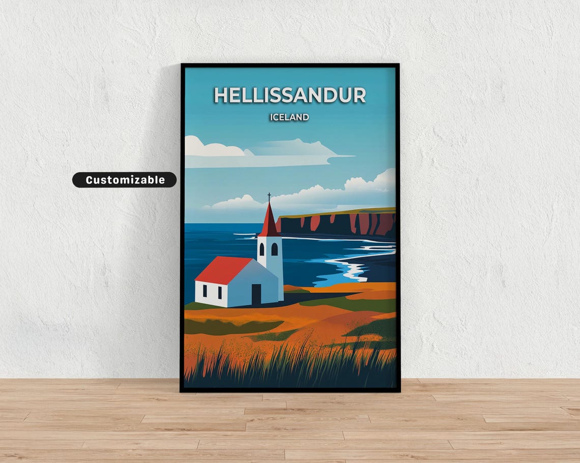 Hellissandur Iceland Church Sea Cliffs Orange Meadow Art Poster