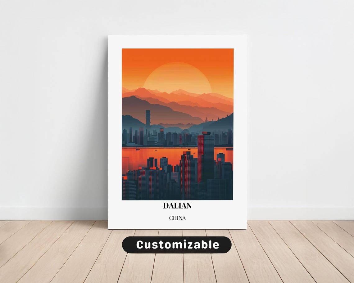 Dalian China Golden Sunset Skyline Custom Cityscape Travel Poster