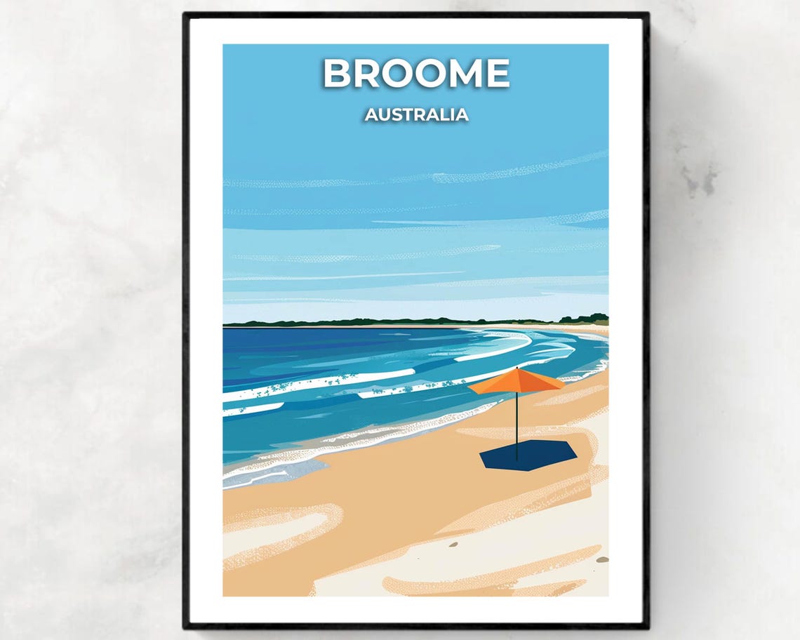 Broome Australia Beach Umbrella Sandy Shoreline Travel Poster