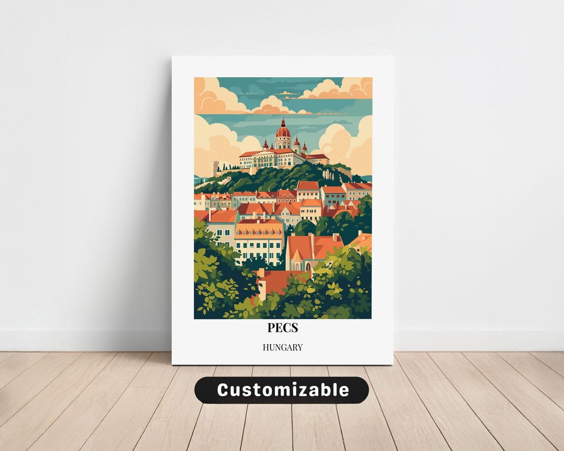 Pecs Hungary Travel Poster Basilica Hilltop View Retro Vintage Art