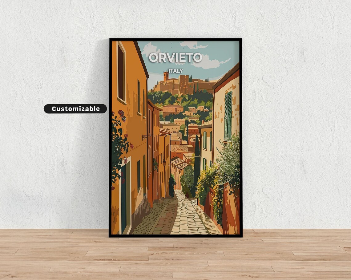 Orvieto Italy Travel Poster Hilltop Fortress Cobblestone Street Art