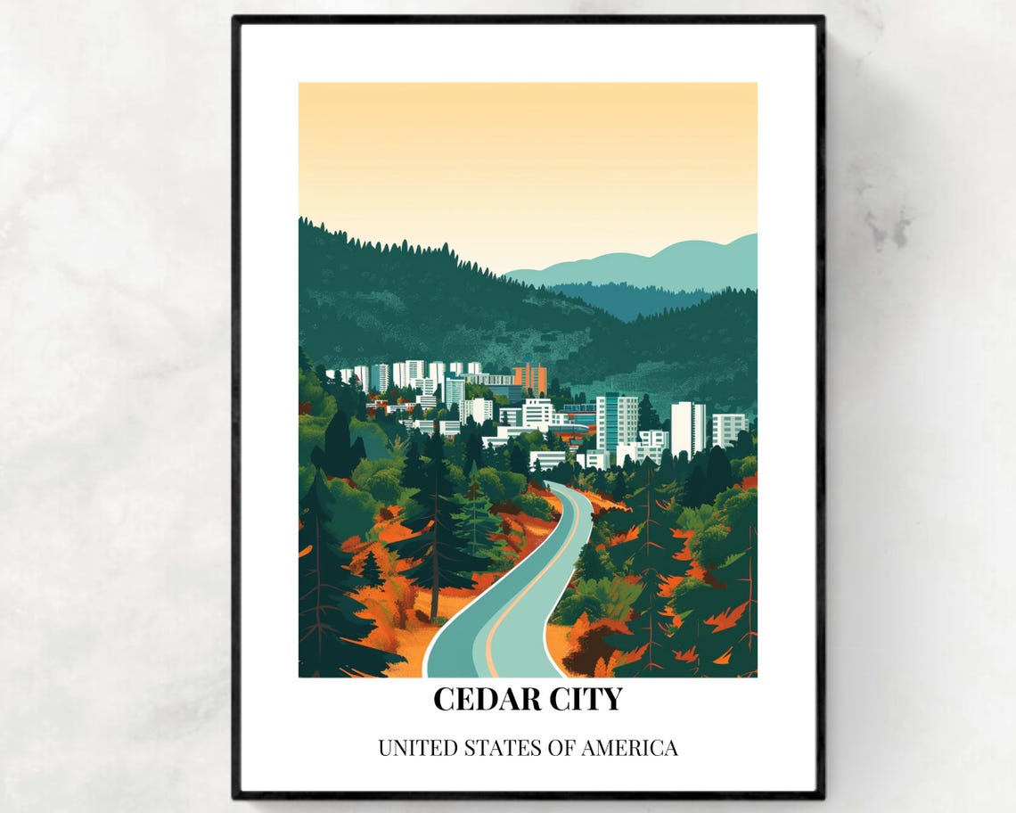 Cedar City Utah Mountain Road Autumn Forest Vintage Travel Poster