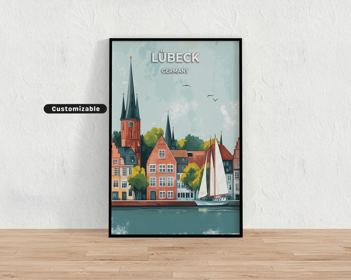 Lubeck Germany Harbor Sailboat Old Town Churches Travel Poster