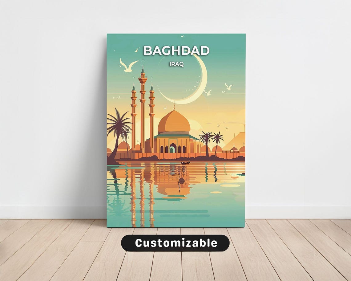 Baghdad Iraq Crescent Moon Mosque River Sunset Retro Art Poster