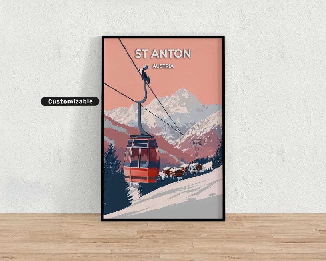 St Anton Austria Red Cable Car Vintage Ski Poster Travel Art