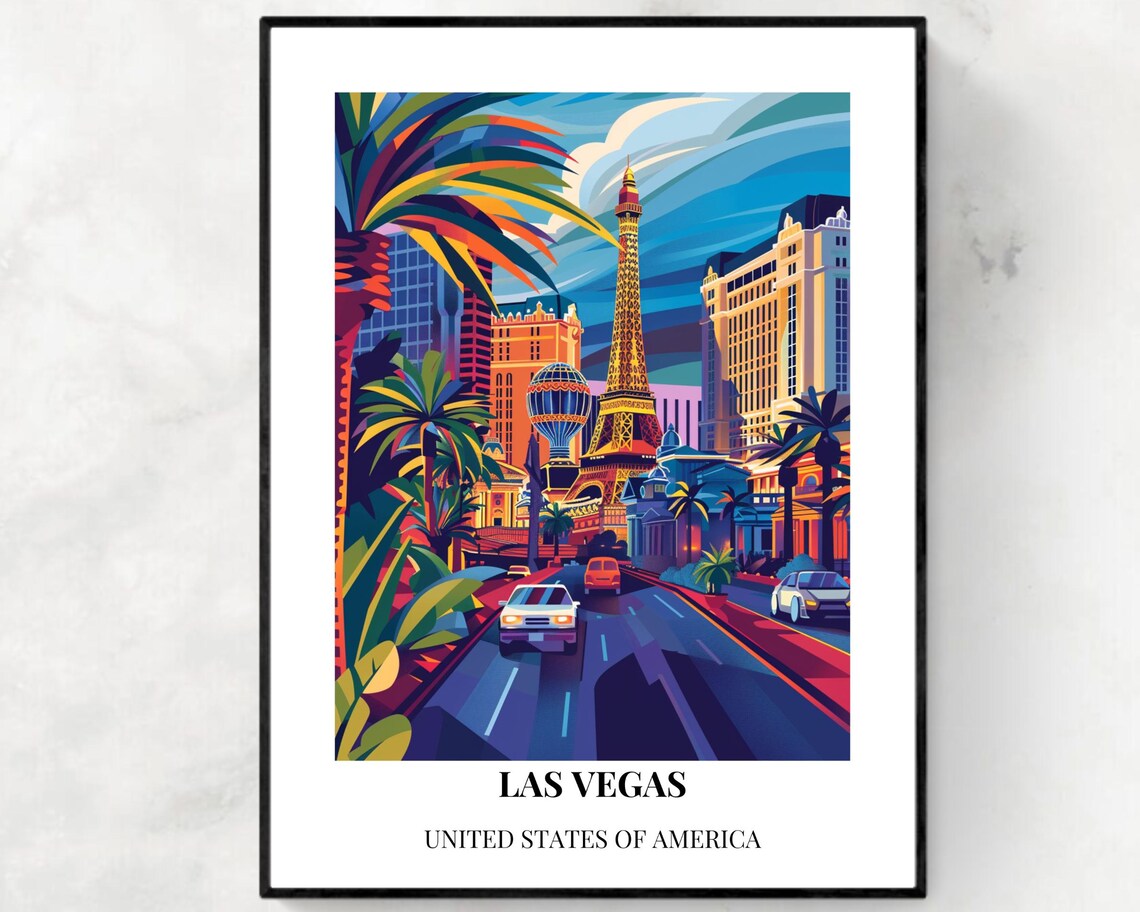Las Vegas Paris Strip Eiffel Tower Neon Street Travel Poster