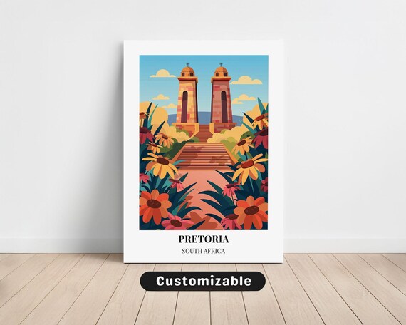 Pretoria South Africa Twin Church Towers Floral Vintage Travel Poster