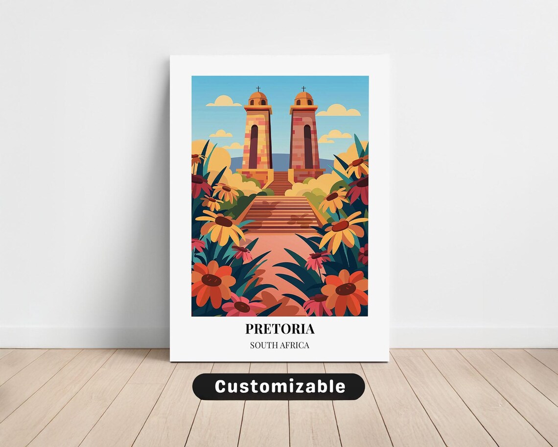 Pretoria South Africa Twin Church Towers Floral Vintage Travel Poster