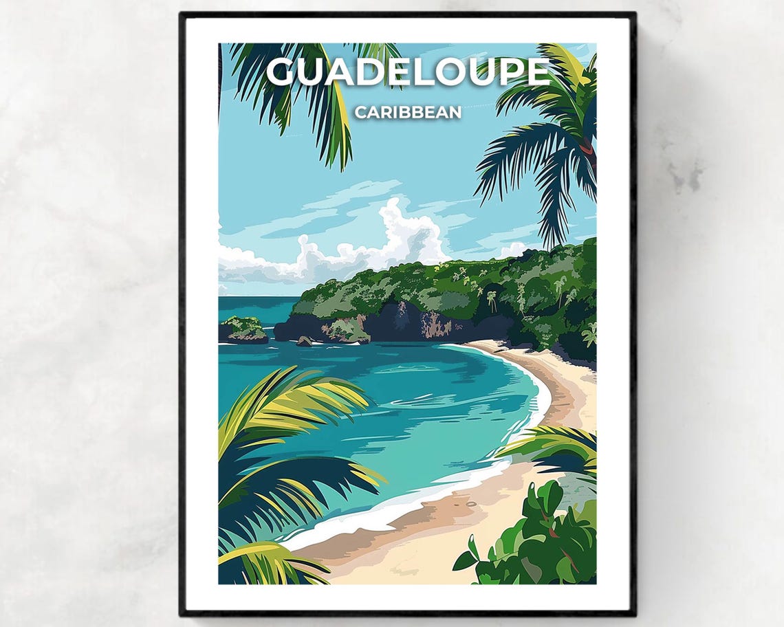 Guadeloupe Caribbean Beach Cove Poster with Palms and Turquoise Sea