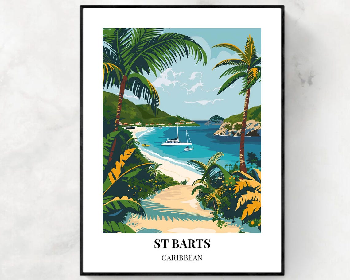 St Barts Caribbean Sailboat Cove Through Palm Trees Island Poster