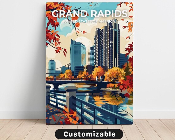 Grand Rapids Autumn River Skyline Colorful Vintage Travel Poster