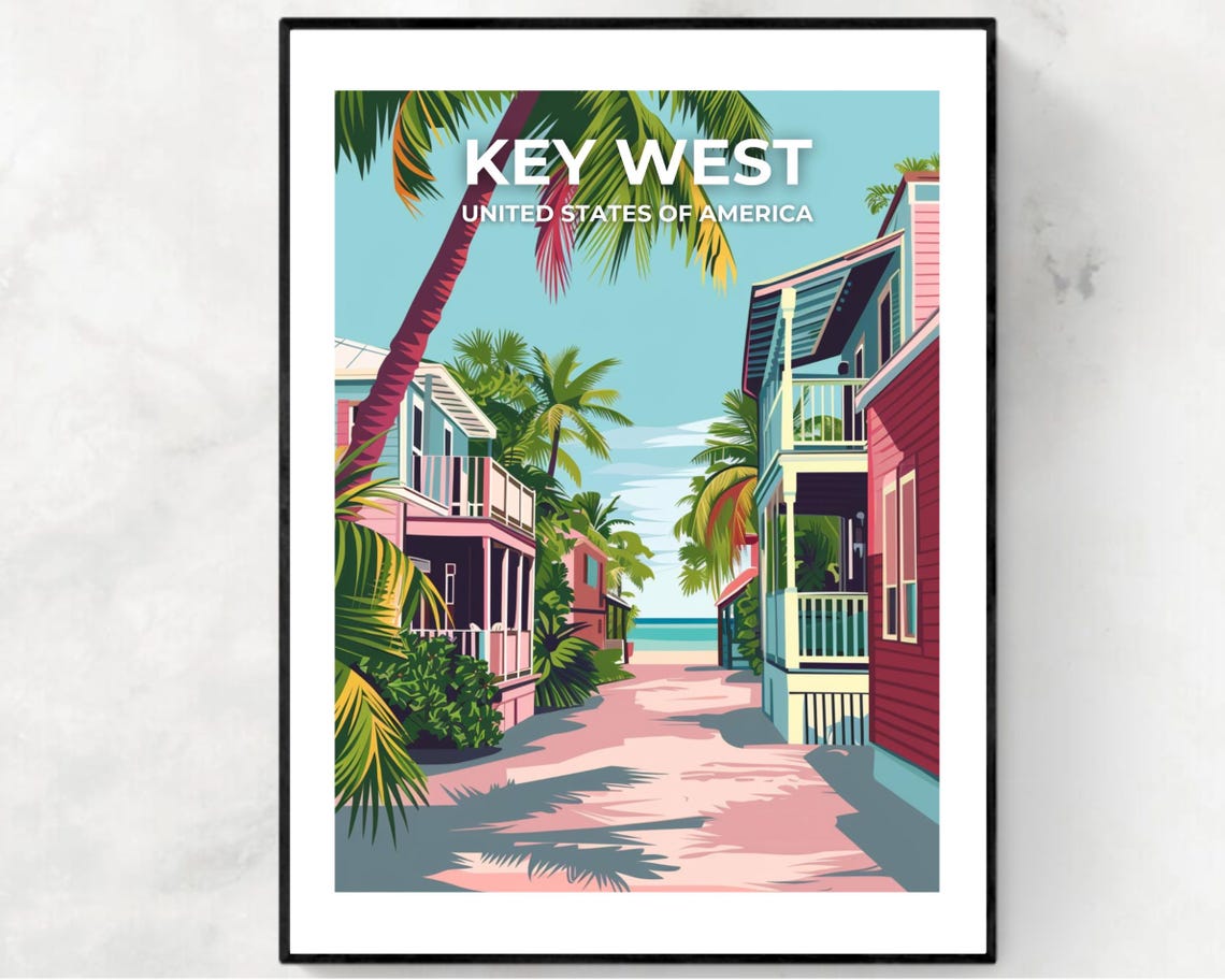 Key West Street Scene Full Bleed Top Text Tropical Travel Poster
