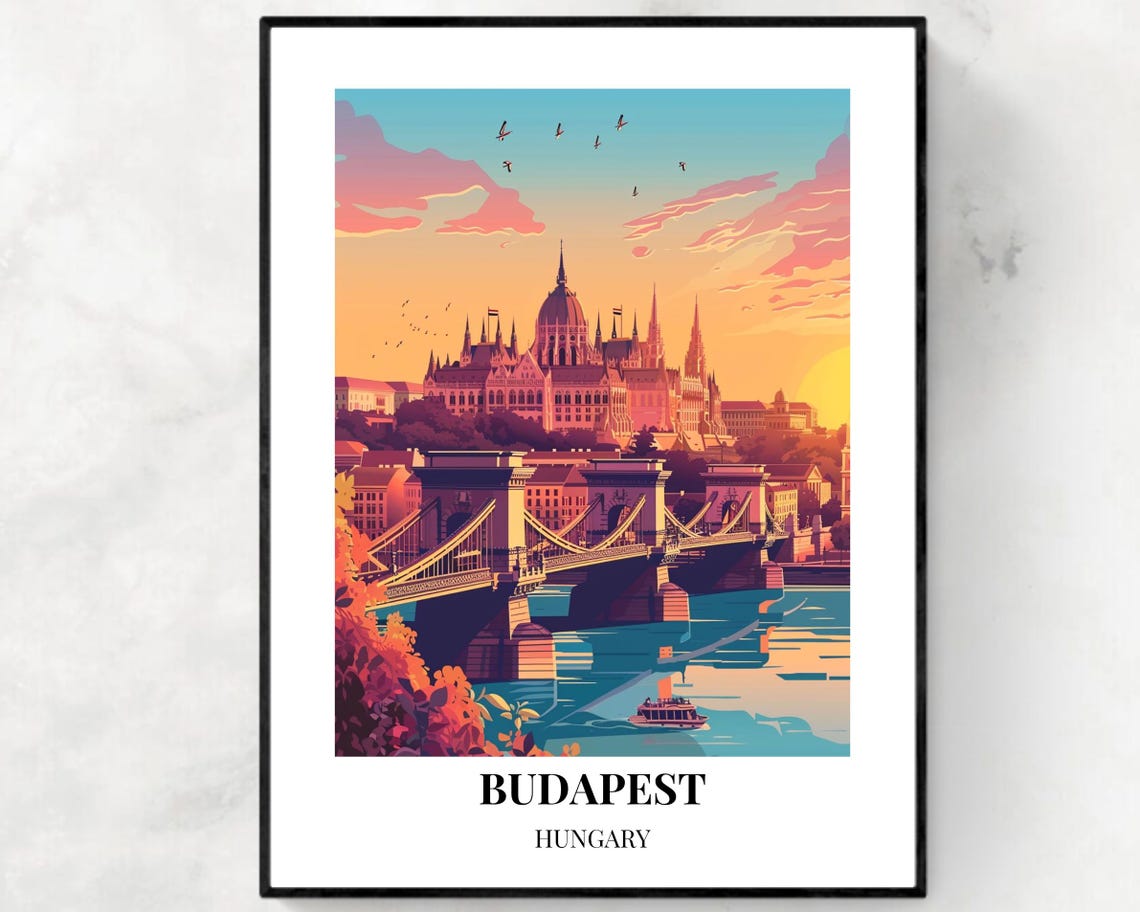 Budapest Hungary Parliament Building Sunset Danube River Poster