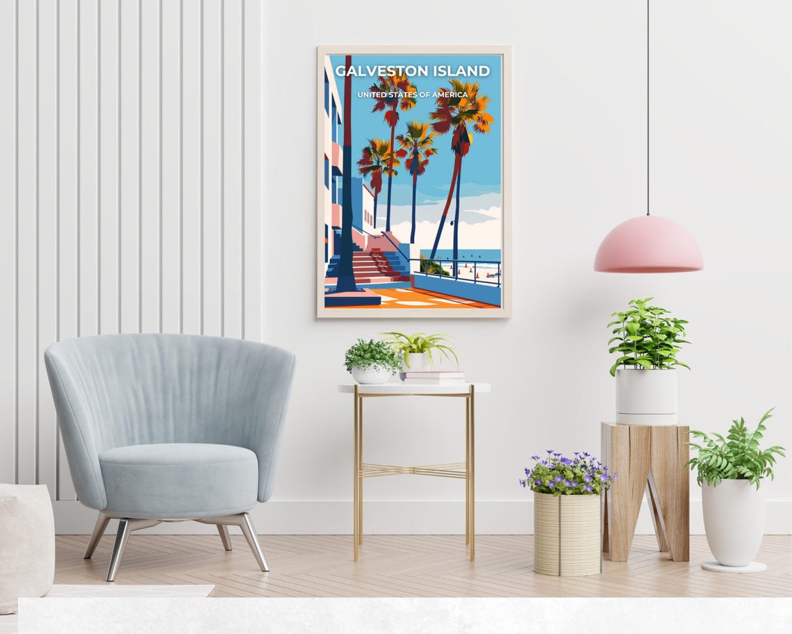 Galveston Island Seaside Promenade Palm Row Vintage Travel Poster - Image 2