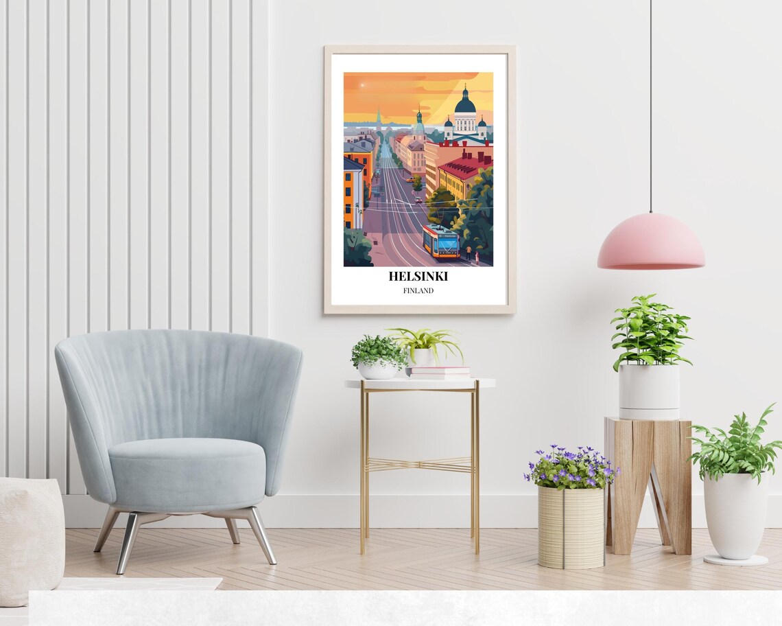 Helsinki Finland Classic Tram Street at Sunset Travel Poster - Image 2