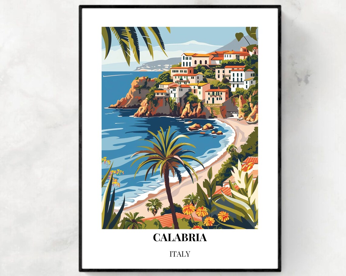 Calabria Italy Coastal Cliffs Beach Town Scenery Travel Poster