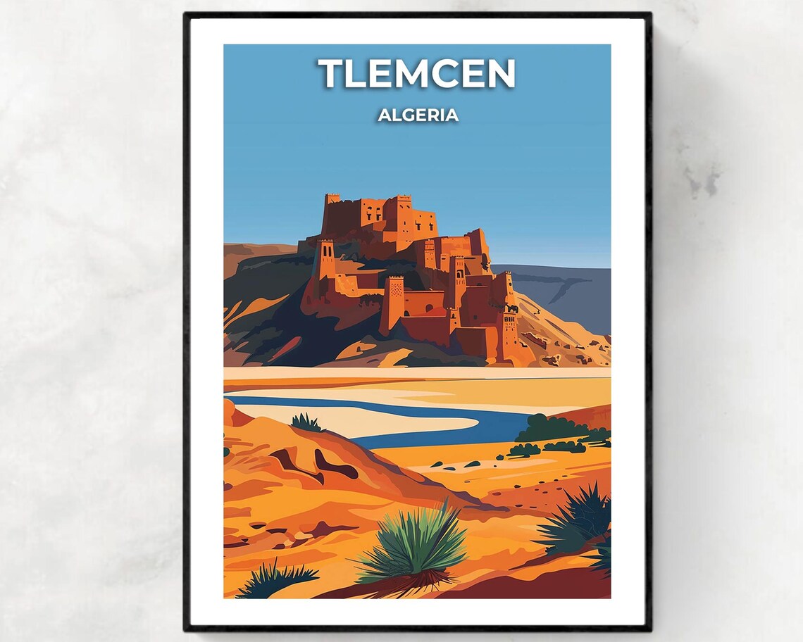 Tlemcen Algeria Desert Fortress Hilltop Blue Sky Vintage Travel Poster