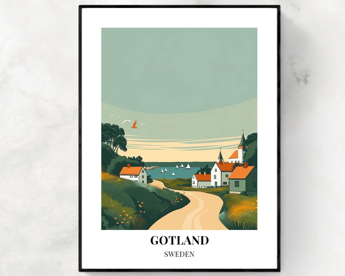 Gotland Coastal Village with Church and Sailboats Sweden Poster