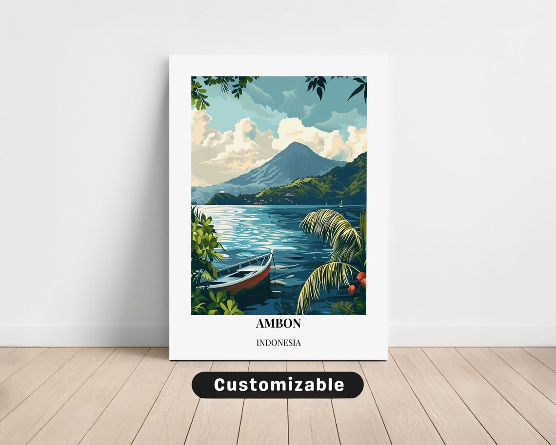 Ambon Indonesia Volcano Lake Boat Travel Poster Vintage Island Art