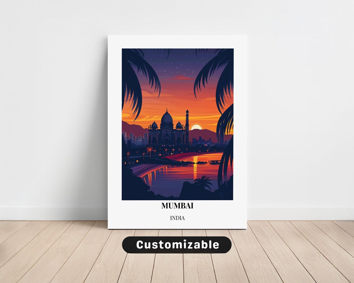 Mumbai India Twilight Harbor Domed Skyline Night Travel Poster Art