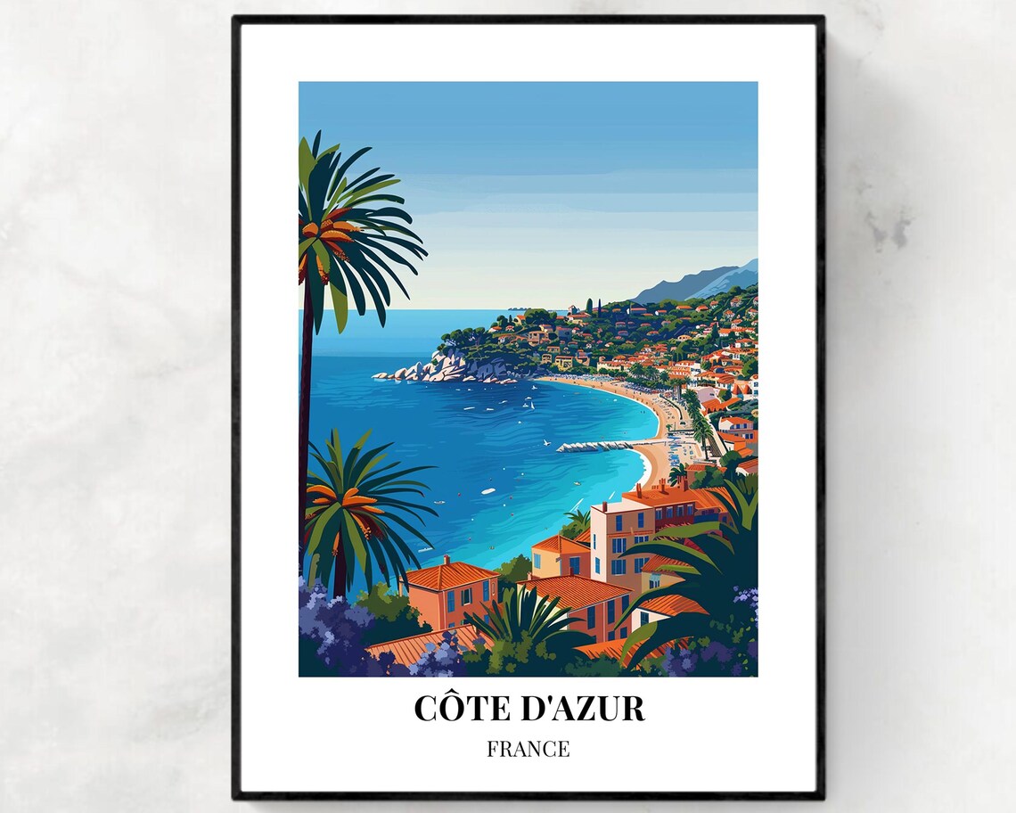 Cote dAzur France Turquoise Bay Palm Coastline Travel Poster Art