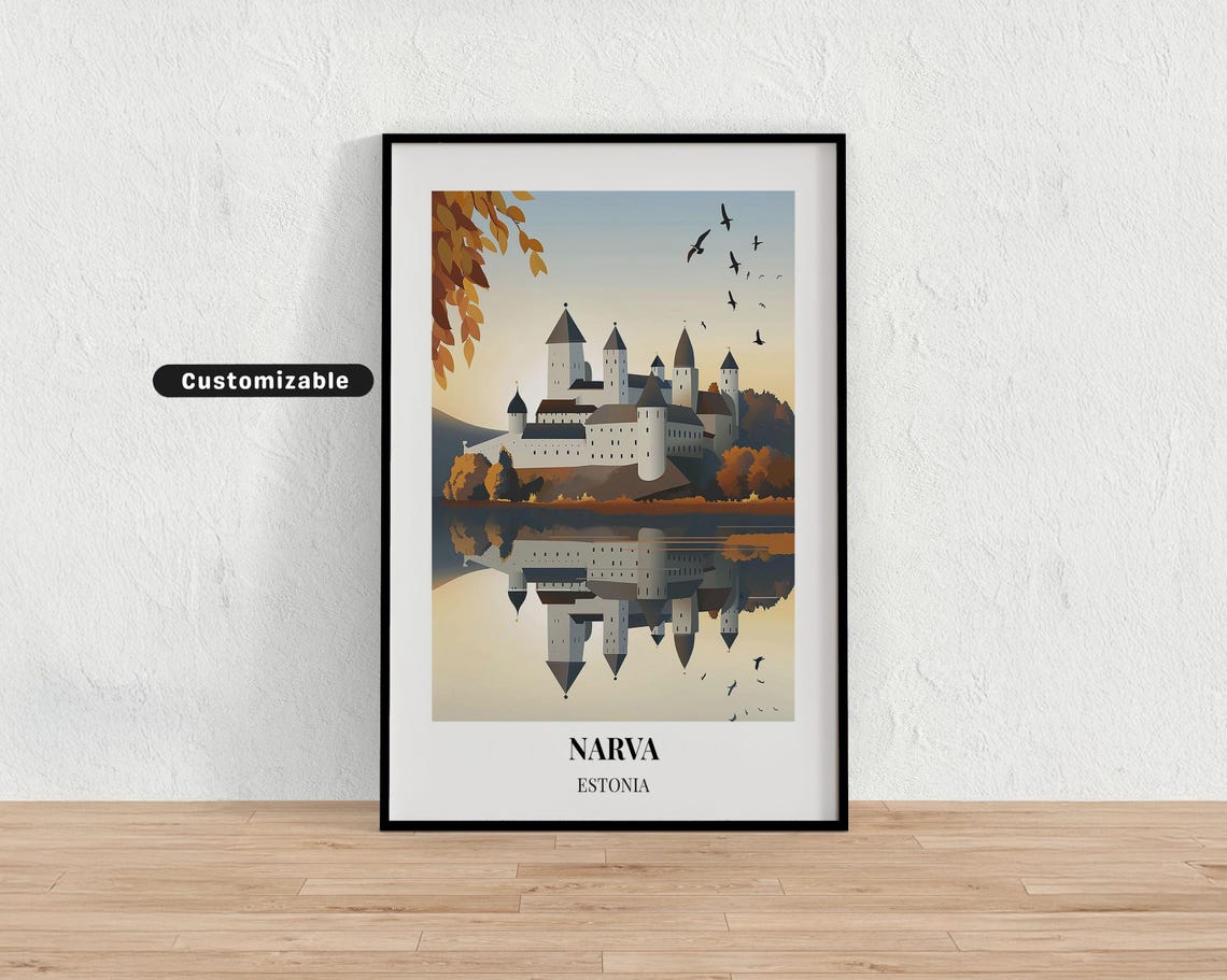 Narva Estonia Castle Riverside Autumn Reflection Travel Poster