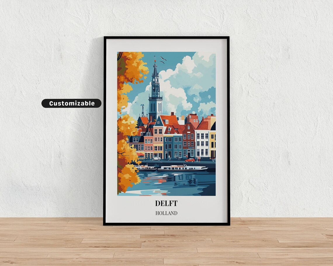 Delft Holland Flat Design Nieuwe Kerk Canal Houses Travel Poster