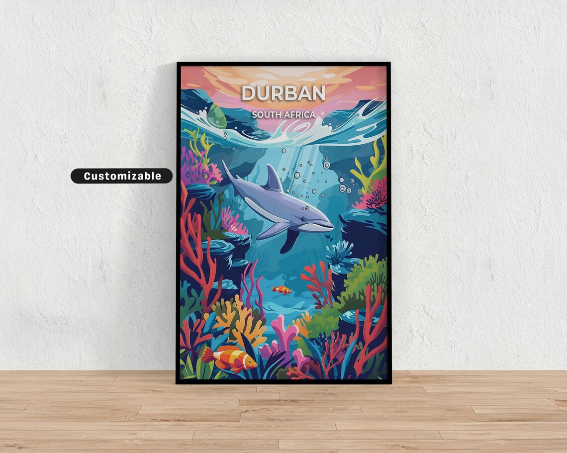 Durban South Africa Travel Poster Dolphin Coral Reef Underwater Ocean Scene